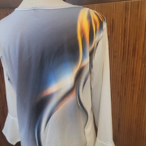 Womens XL White Blue Button Neck Pullover Stretch 3/4 Flair Sleeve Blouse Unworn - Picture 7 of 13